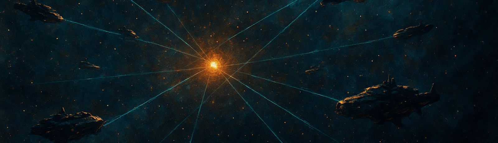 Ships connected by glowing communication lines across a starfield