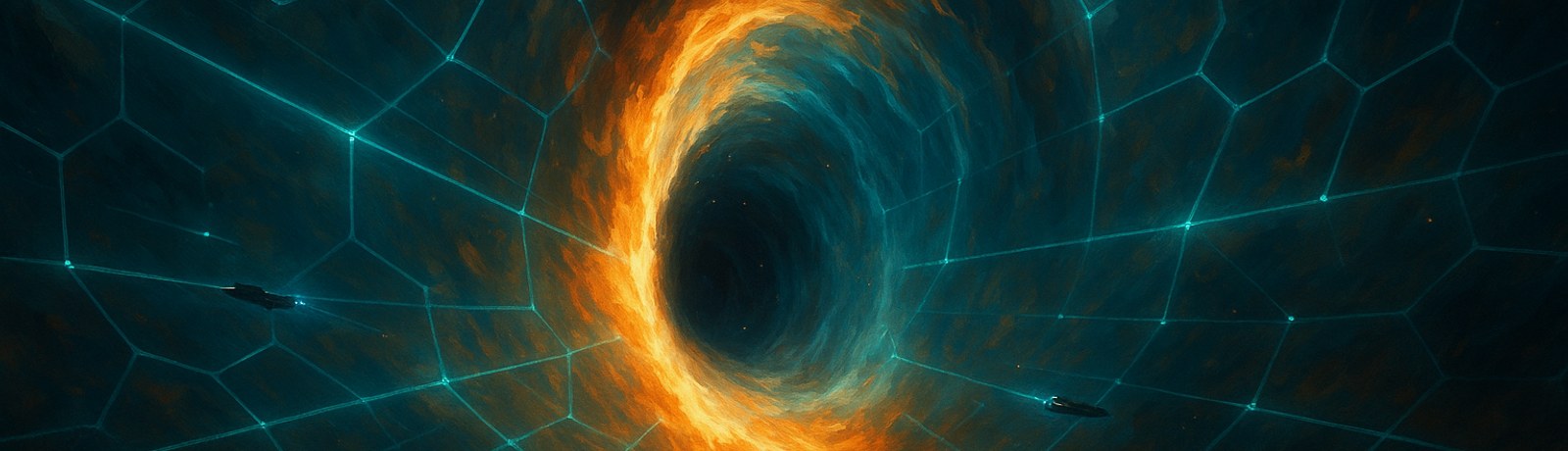 A ship navigating a glowing hexagonal wormhole