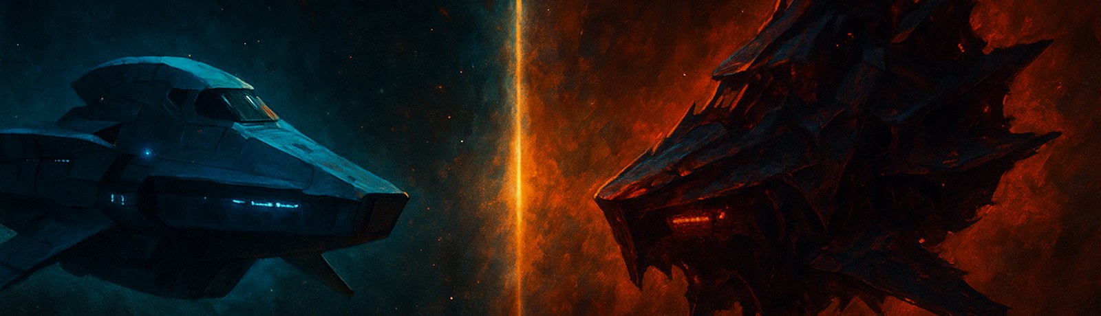 A Federation ship and a pirate raider facing off across a divide