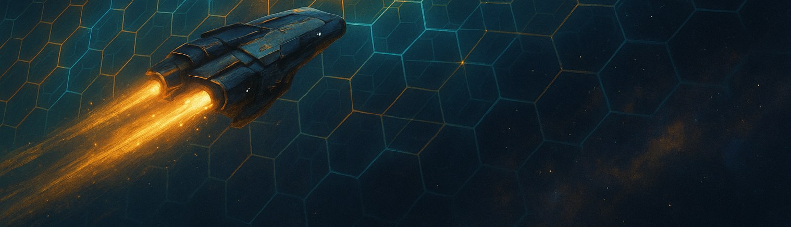 A ship warping across a glowing hexagonal sector grid